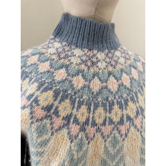 Vtg Wool Women's M Hand Knit Ski Sweater Blue Fair Isle MNZ Cottagecore Prairie - Picture 10 of 10